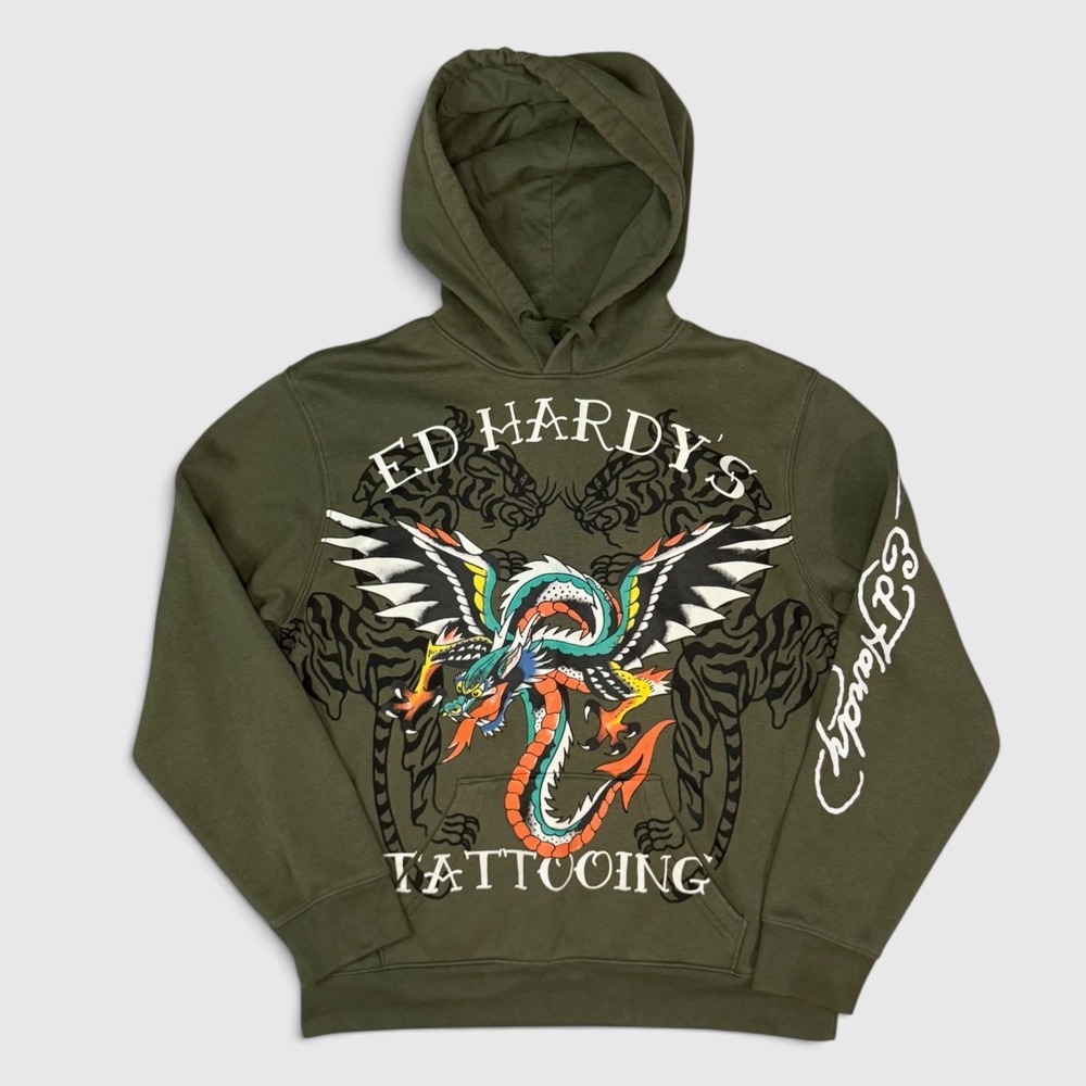 Ed Hardy Graphic Hoodie - Men's - M - Olive Green